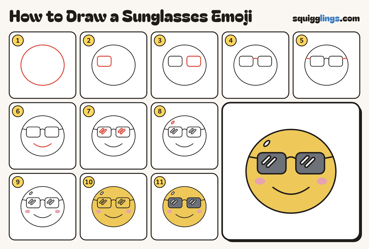 How to Draw a Sunglasses Emoji step by step: all 11 steps in one picture