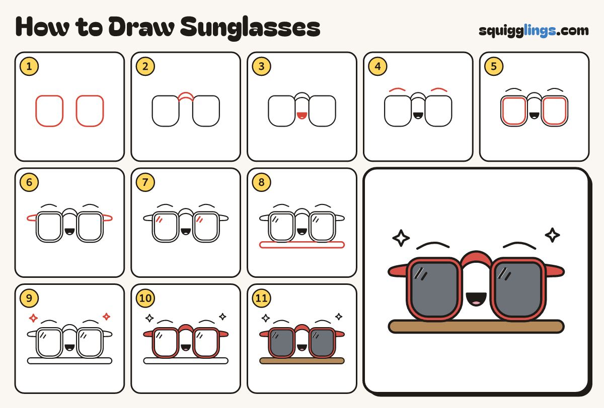 How to Draw Sunglasses step by step: all 11 steps in one picture