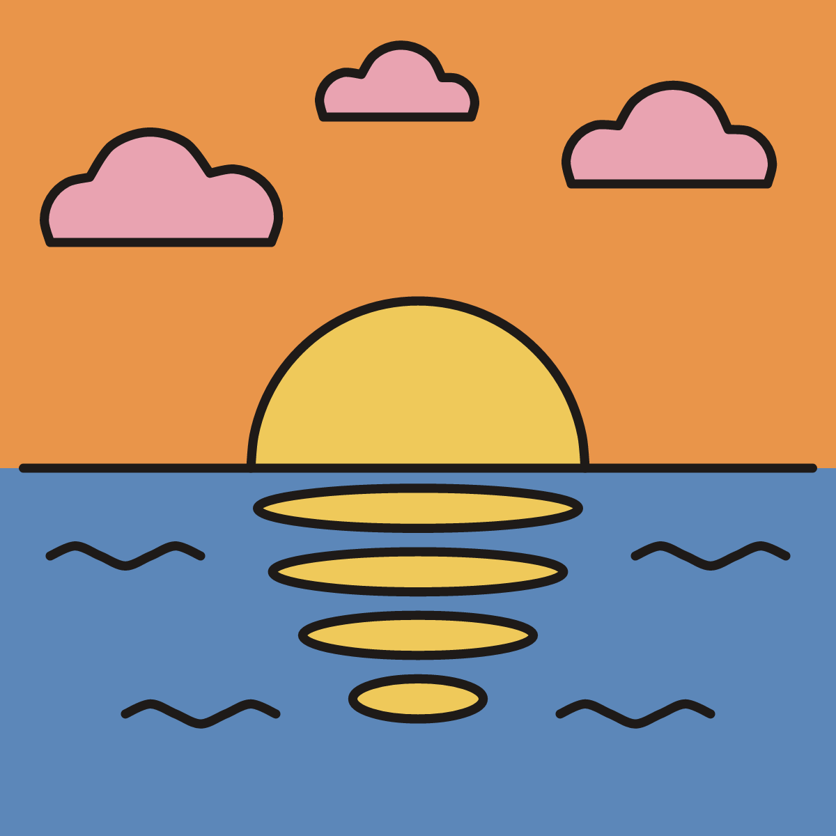 Finished drawing of a sunset over water