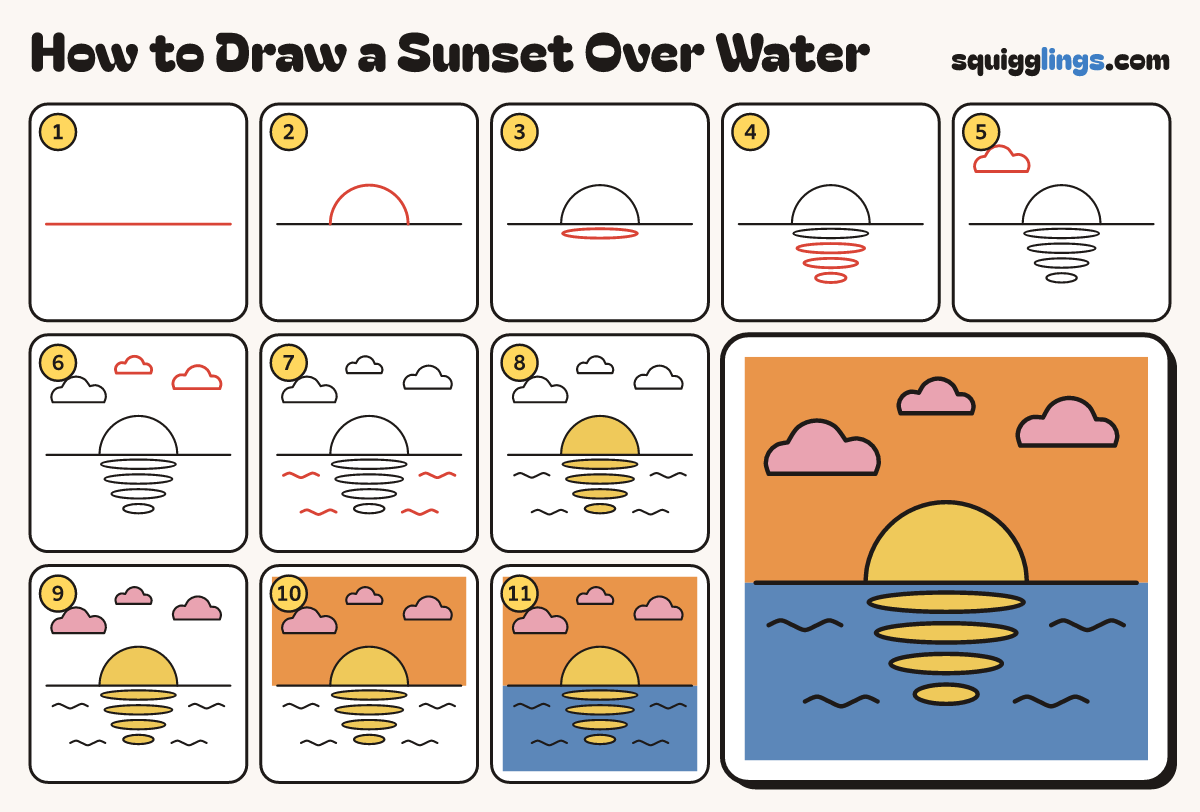How to Draw a Sunset Over Water step by step: all 11 steps in one picture