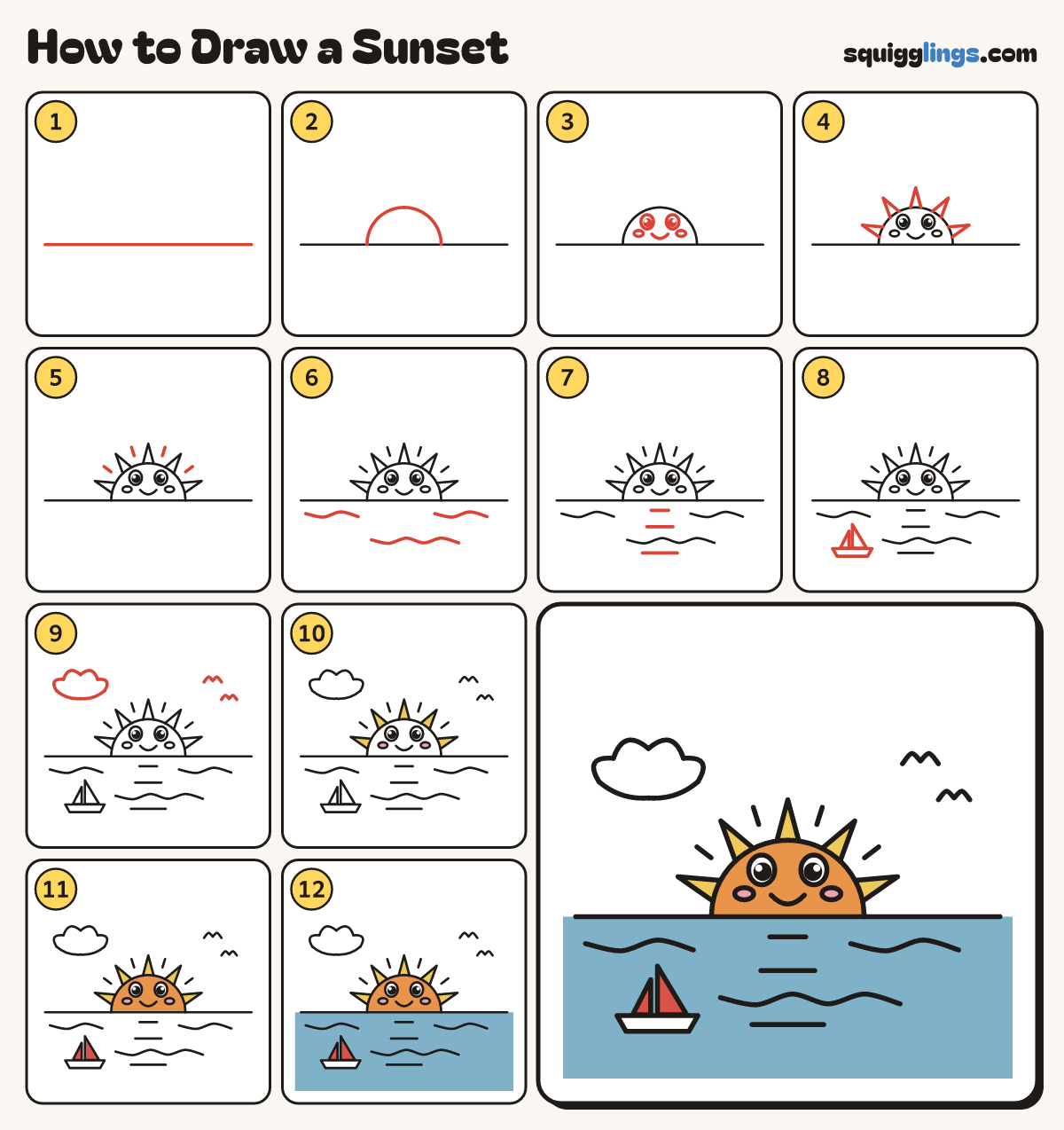 How to Draw a Sunset step by step: all 12 steps in one picture