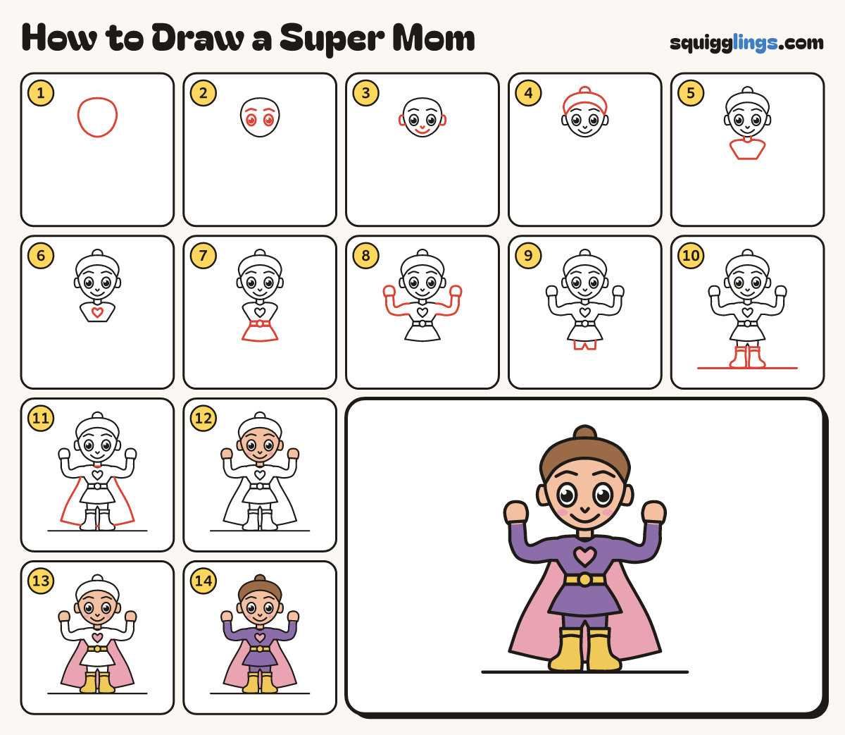 How to Draw a Super Mom step by step: all 14 steps in one picture