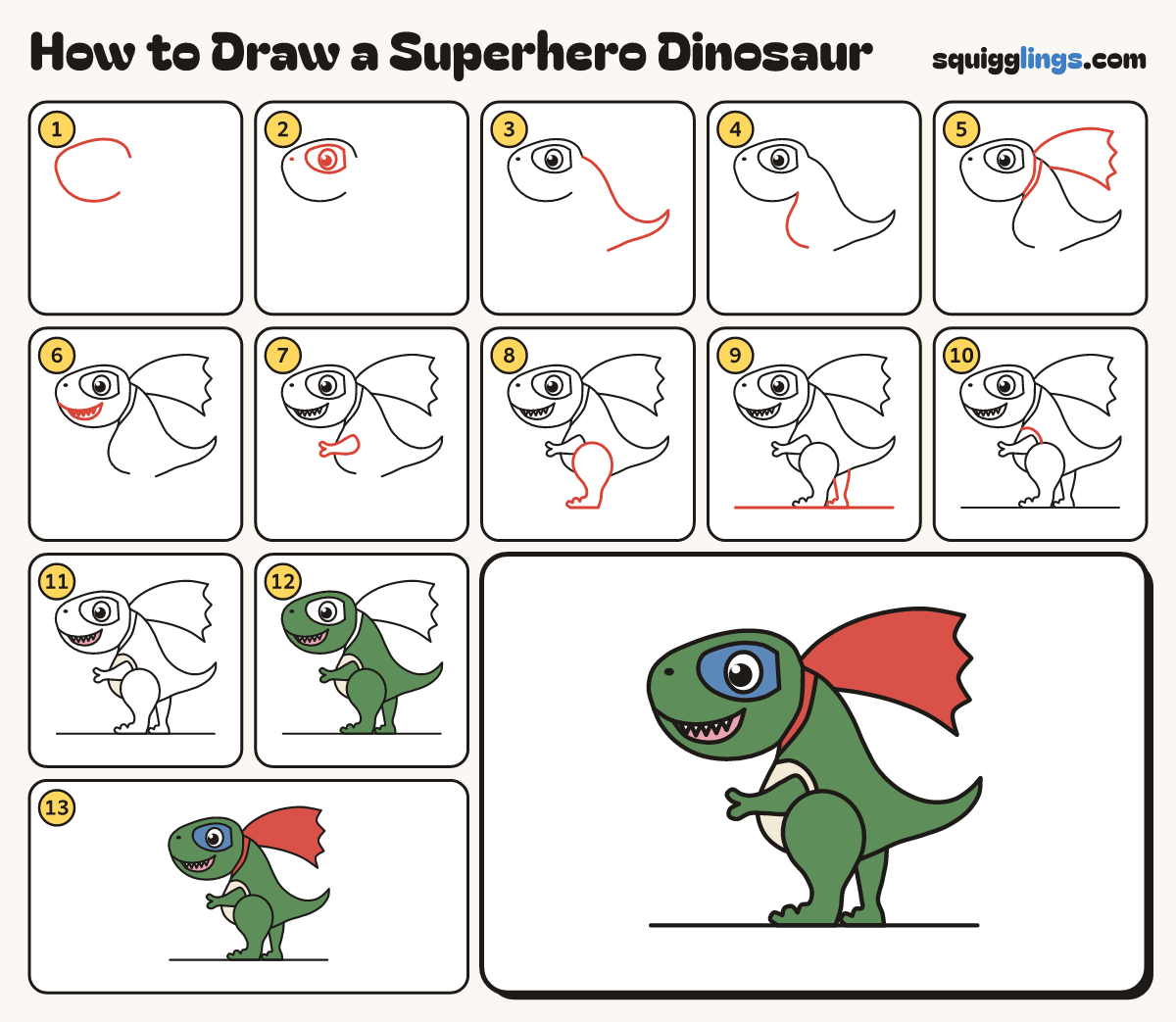 How to Draw a Superhero Dinosaur step by step: all 13 steps in one picture