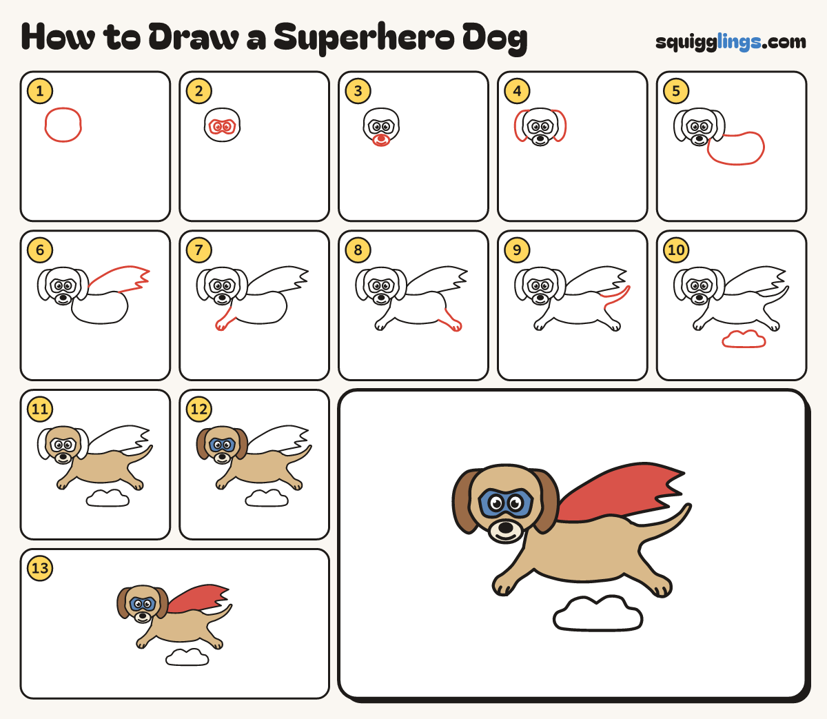 How to Draw a Superhero Dog step by step: all 13 steps in one picture