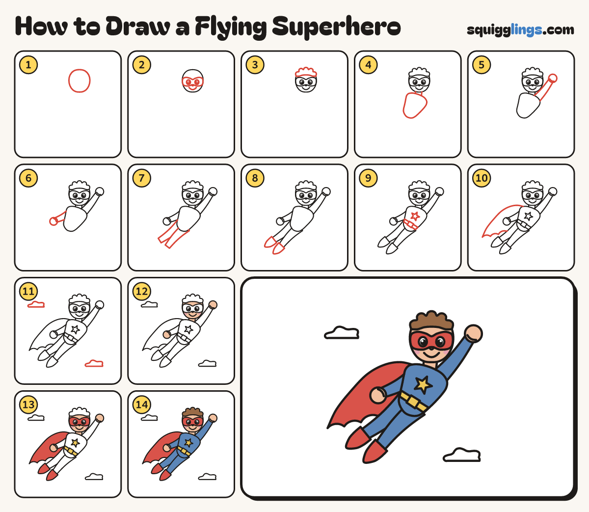 How to Draw a Flying Superhero step by step: all 14 steps in one picture