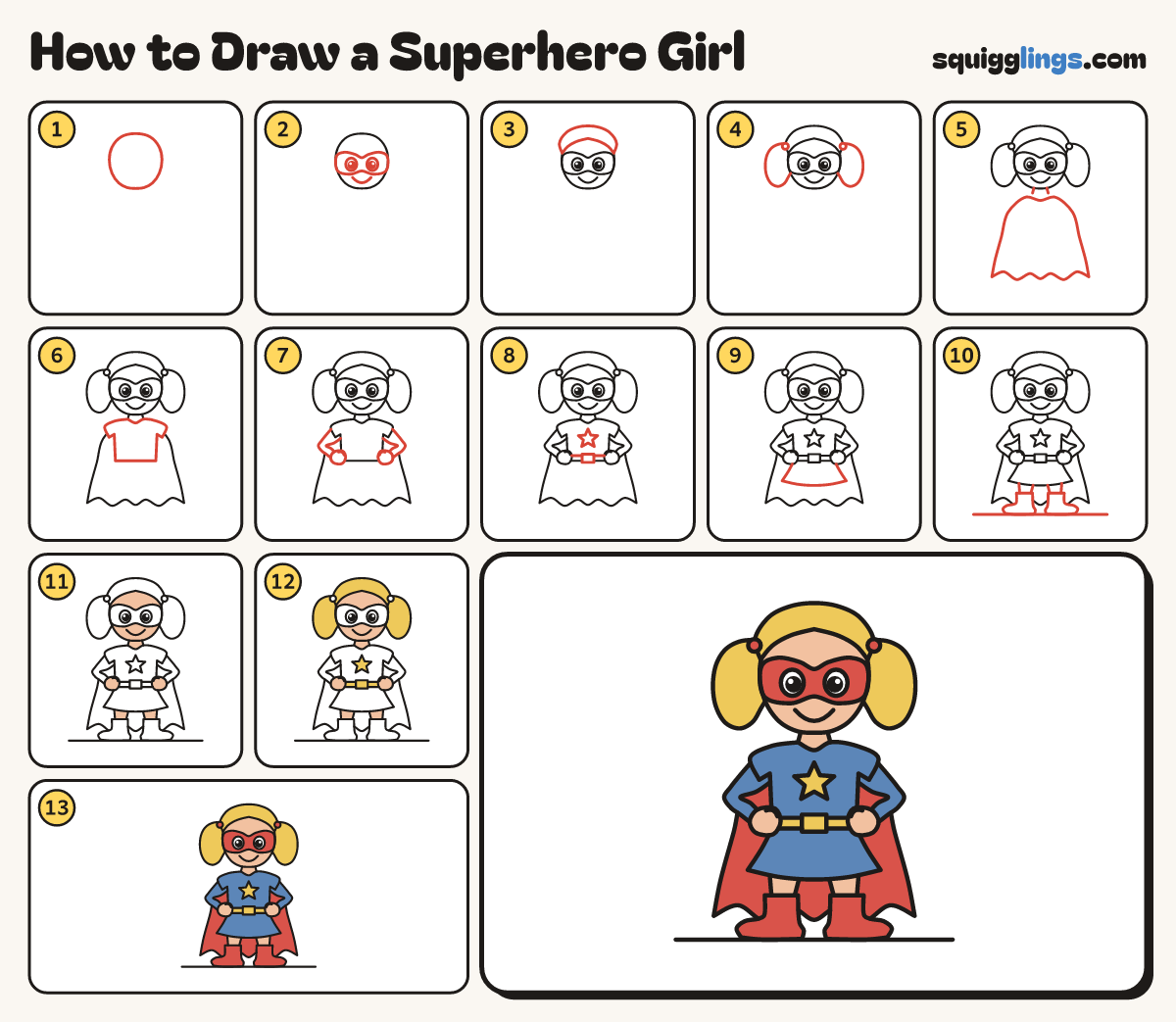 How to Draw a Superhero Girl step by step: all 13 steps in one picture