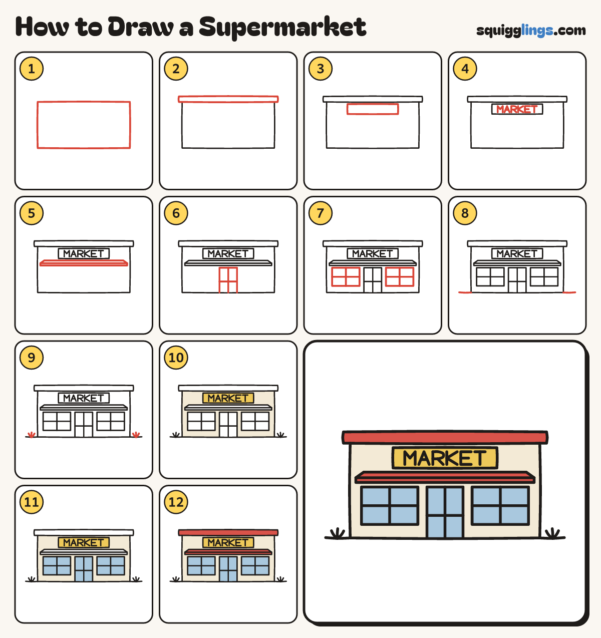 How to Draw a Supermarket step by step: all 12 steps in one picture