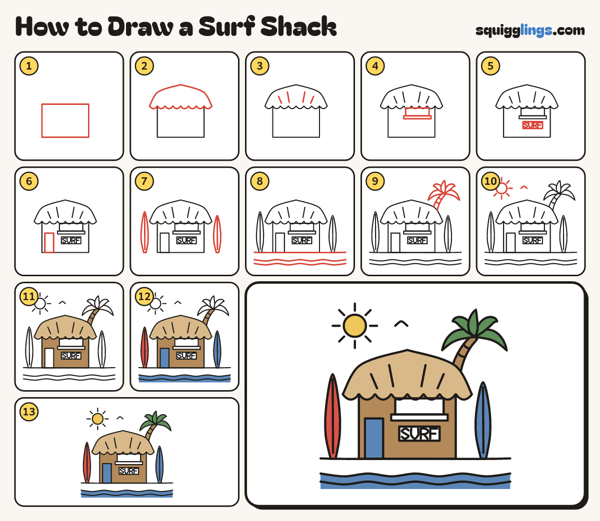How to Draw a Surf Shack step by step: all 13 steps in one picture