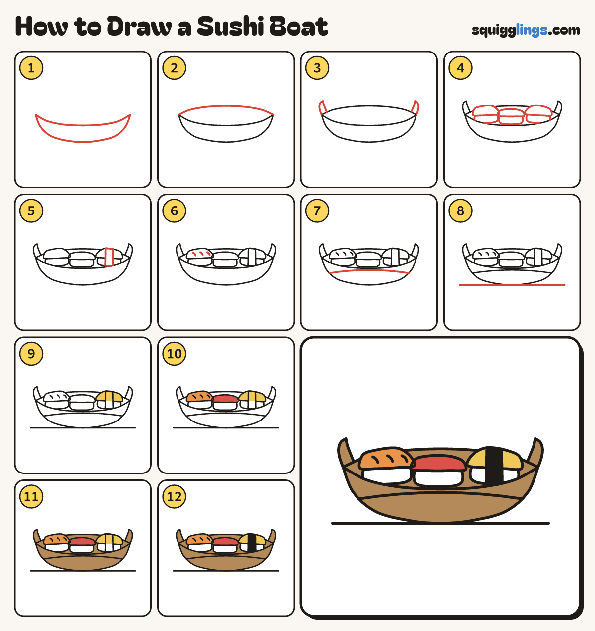 How to Draw a Sushi Boat step by step: all 12 steps in one picture