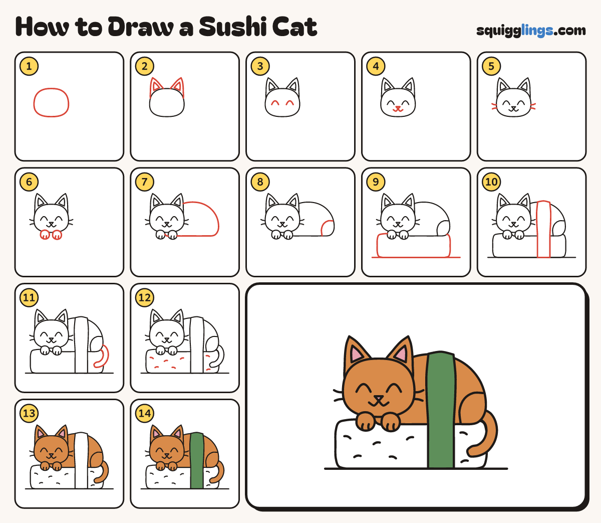 How to Draw a Sushi Cat step by step: all 14 steps in one picture