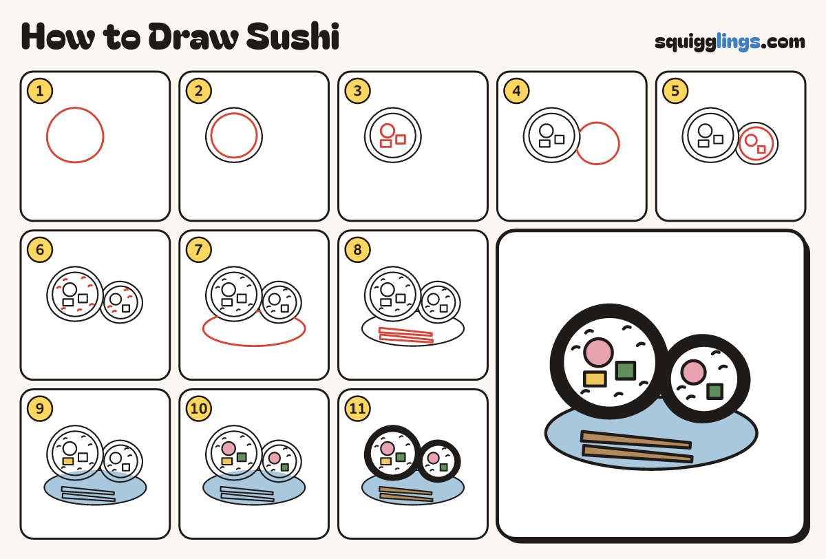 How to Draw Sushi step by step: all 11 steps in one picture