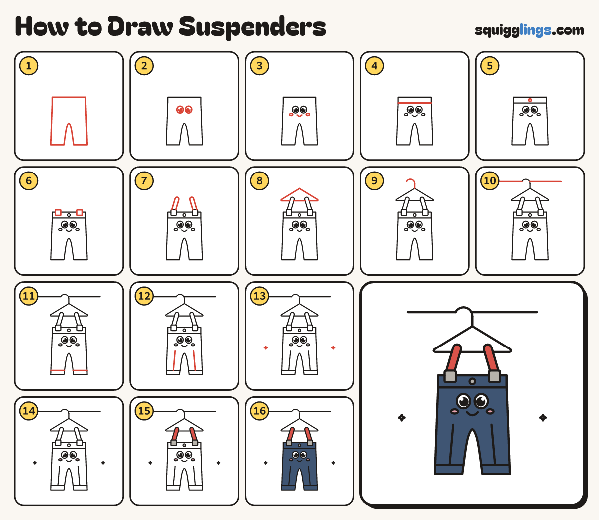 How to Draw Suspenders step by step: all 16 steps in one picture