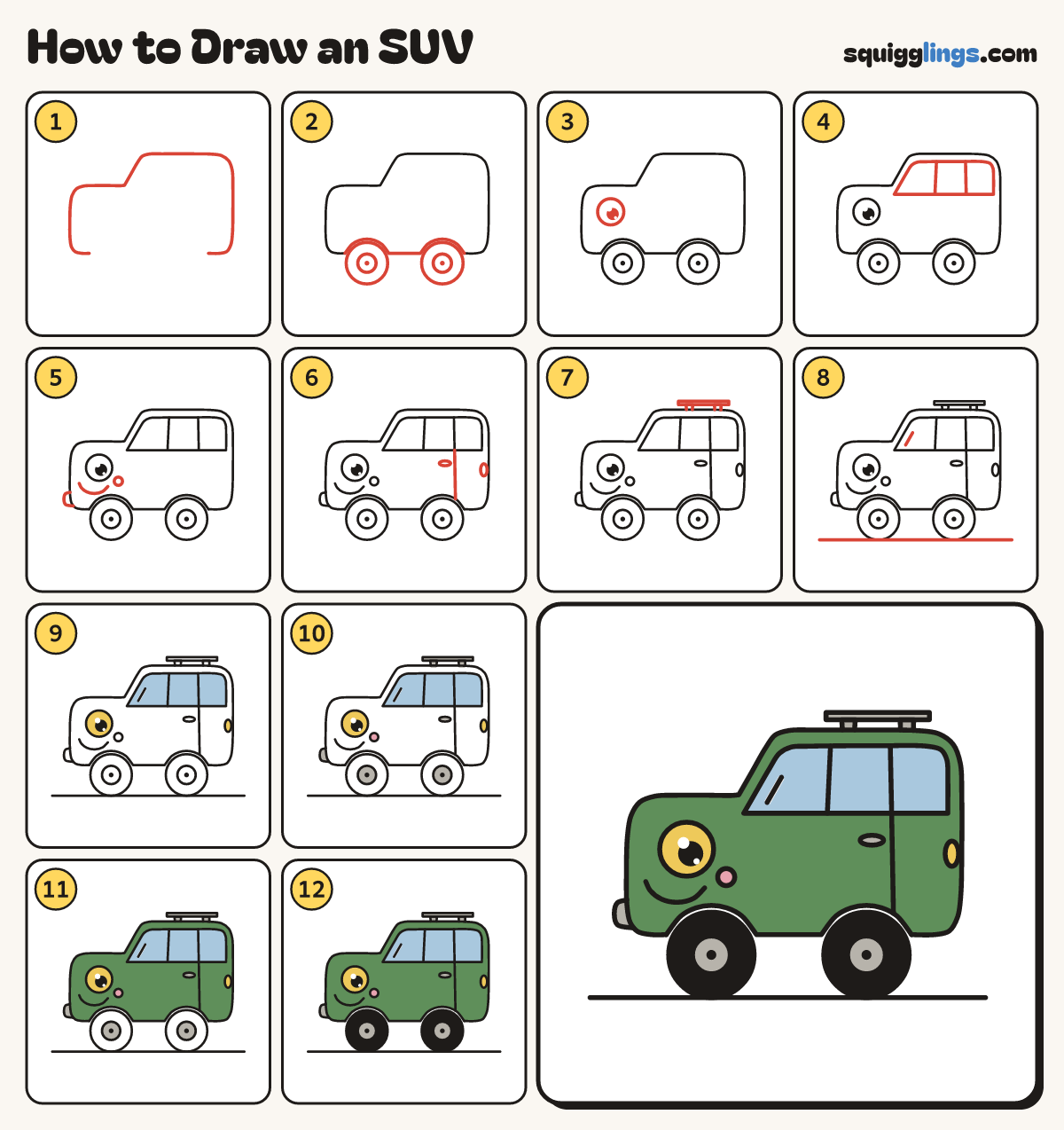 How to Draw an SUV step by step: all 12 steps in one picture