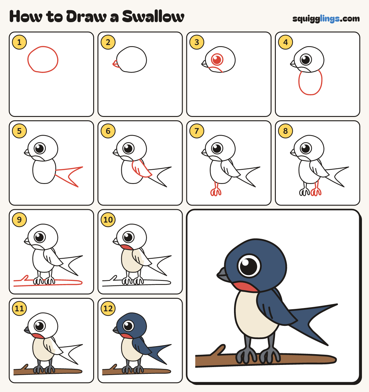 How to Draw a Swallow step by step: all 12 steps in one picture