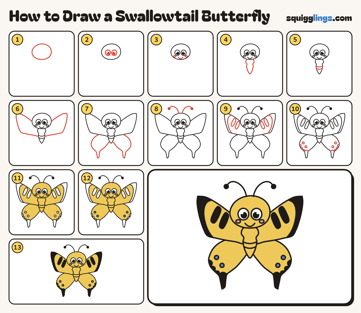 How to Draw a Swallowtail Butterfly step by step: all 13 steps in one picture
