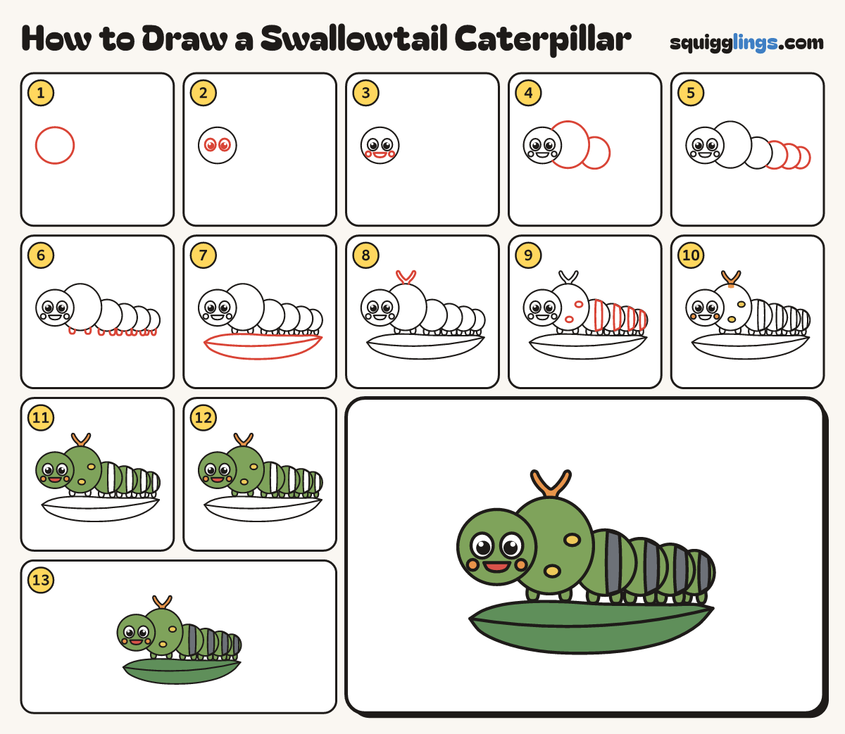 How to Draw a Swallowtail Caterpillar step by step: all 13 steps in one picture