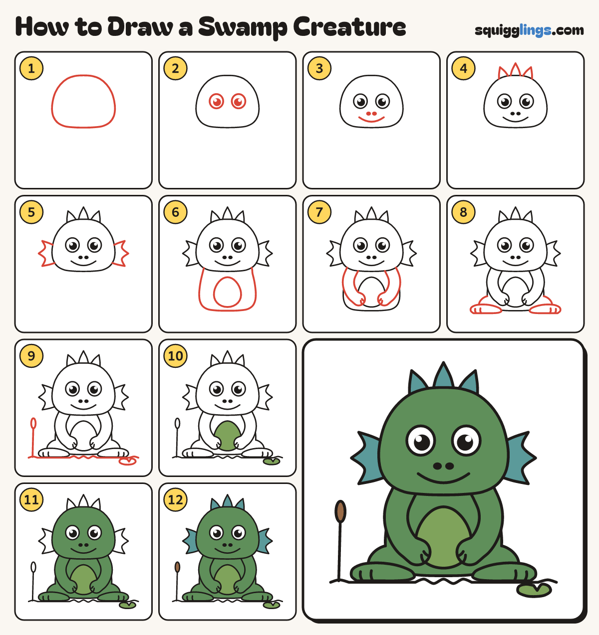 How to Draw a Swamp Creature step by step: all 12 steps in one picture