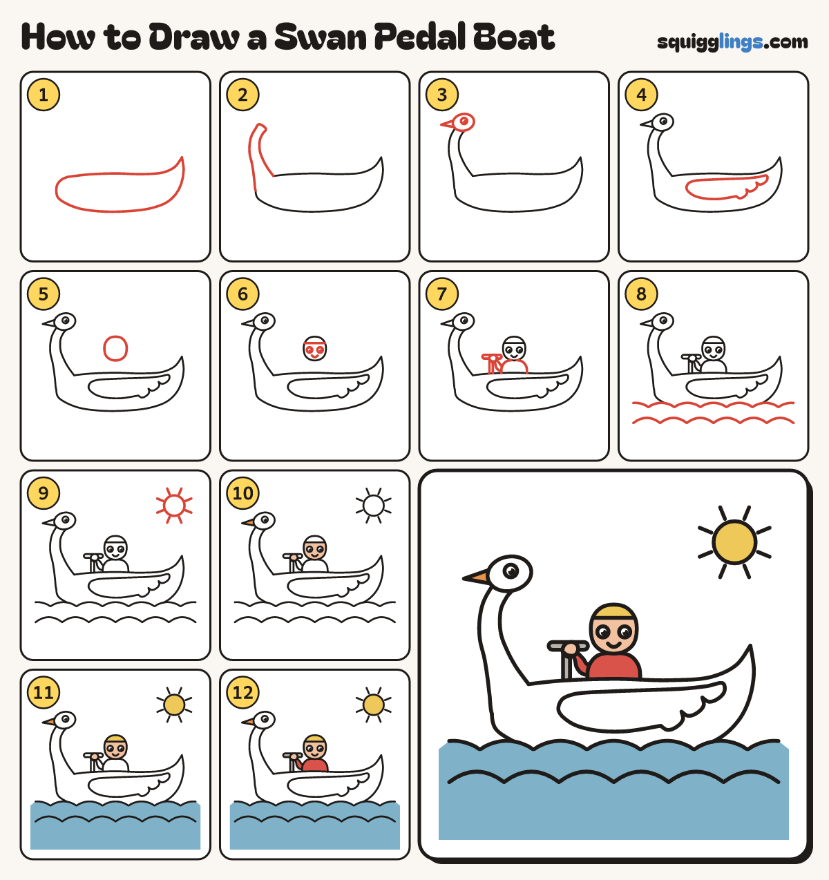 How to Draw a Swan Pedal Boat step by step: all 12 steps in one picture