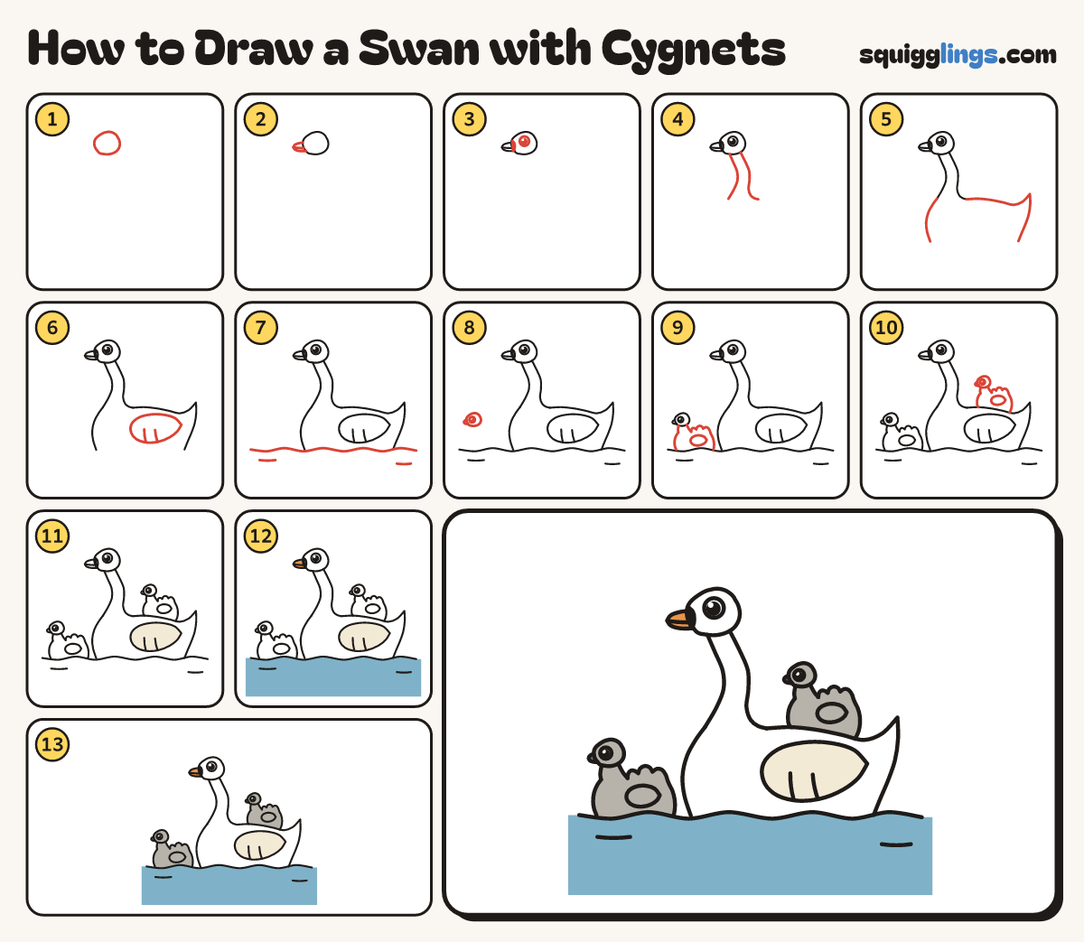 How to Draw a Swan with Cygnets step by step: all 13 steps in one picture