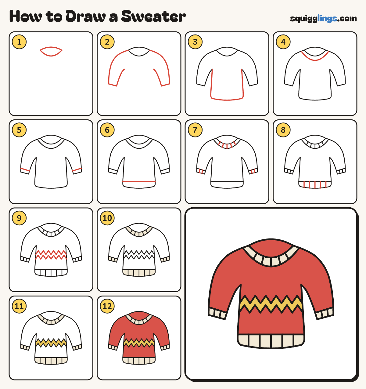 How to Draw a Sweater step by step: all 12 steps in one picture