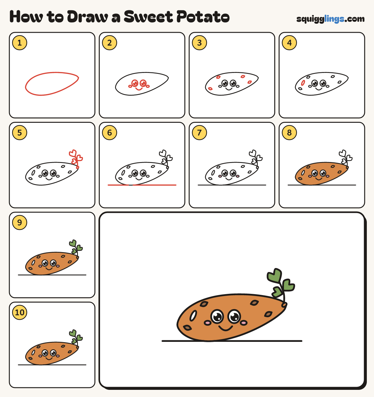 How to Draw a Sweet Potato step by step: all 10 steps in one picture