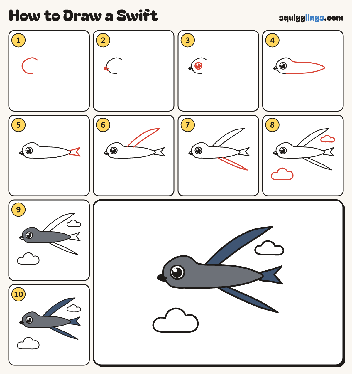 How to Draw a Swift step by step: all 10 steps in one picture
