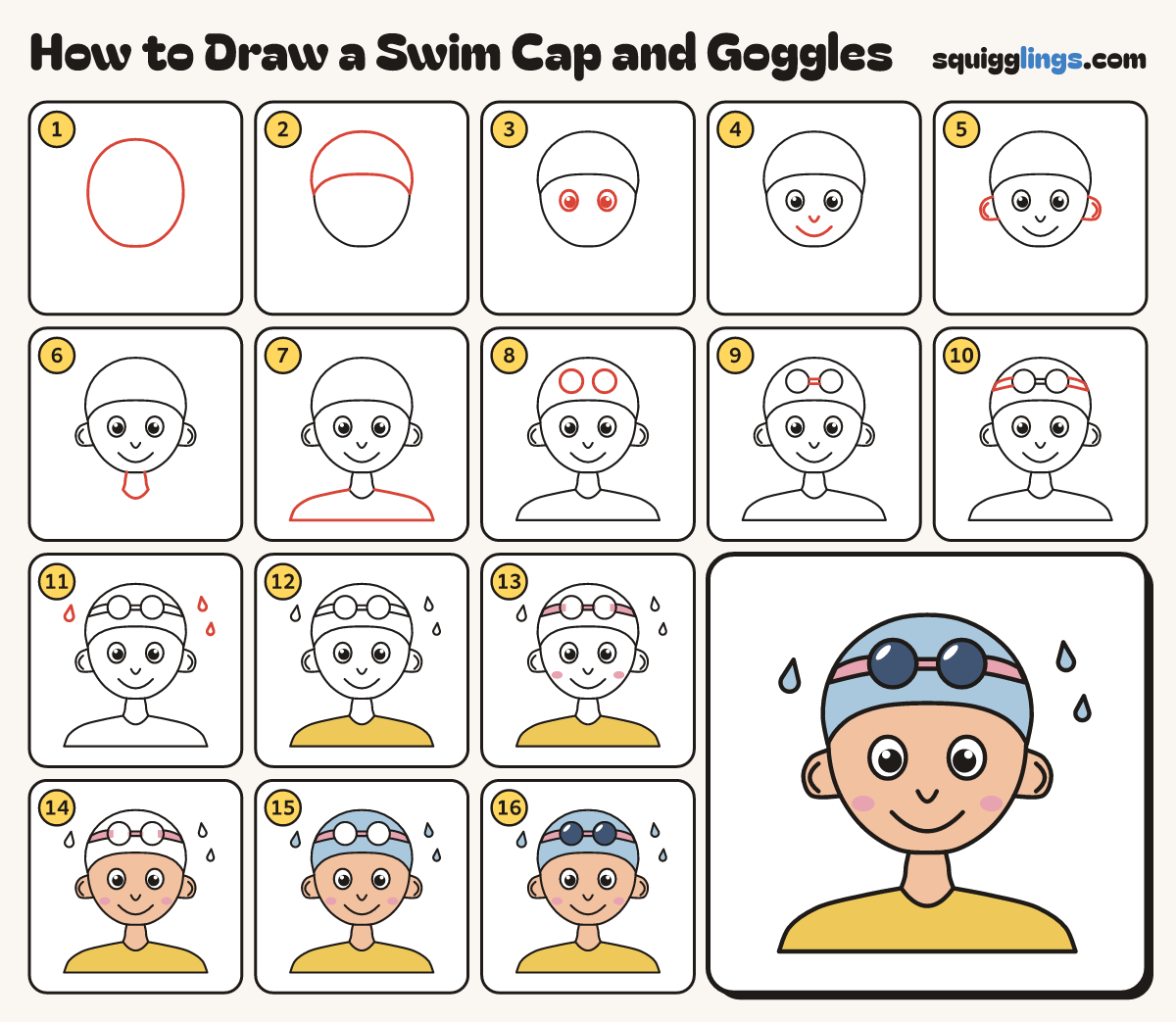 How to Draw a Swim Cap and Goggles step by step: all 16 steps in one picture