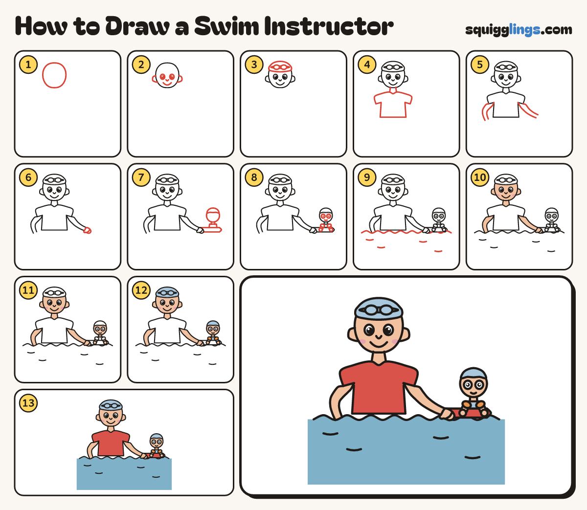 How to Draw a Swim Instructor step by step: all 13 steps in one picture