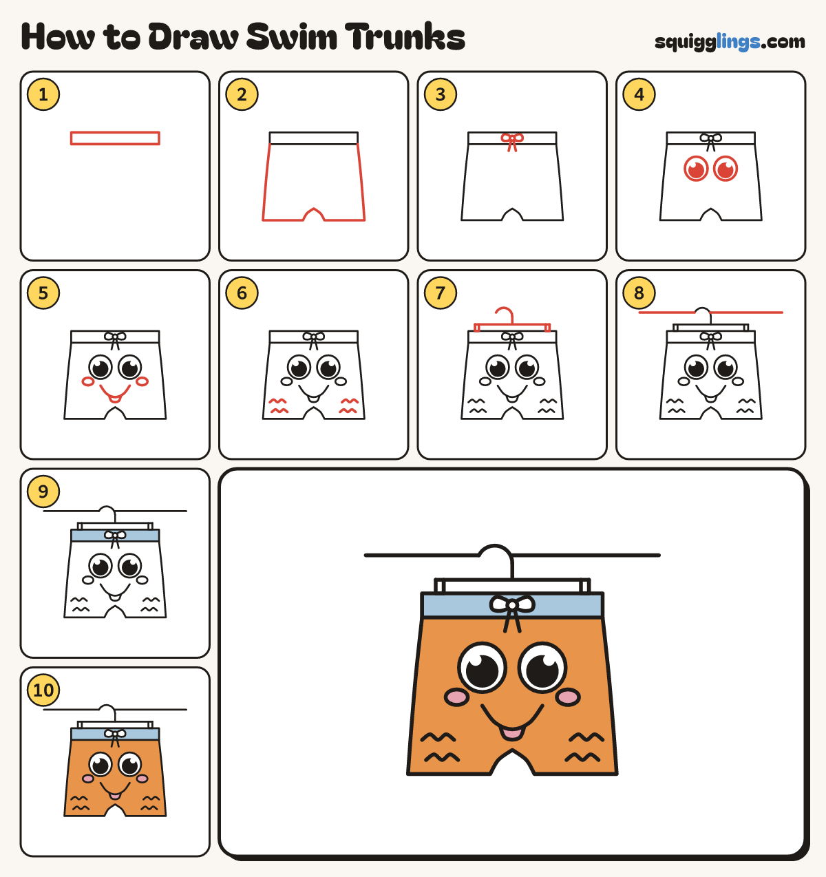 How to Draw Swim Trunks step by step: all 10 steps in one picture