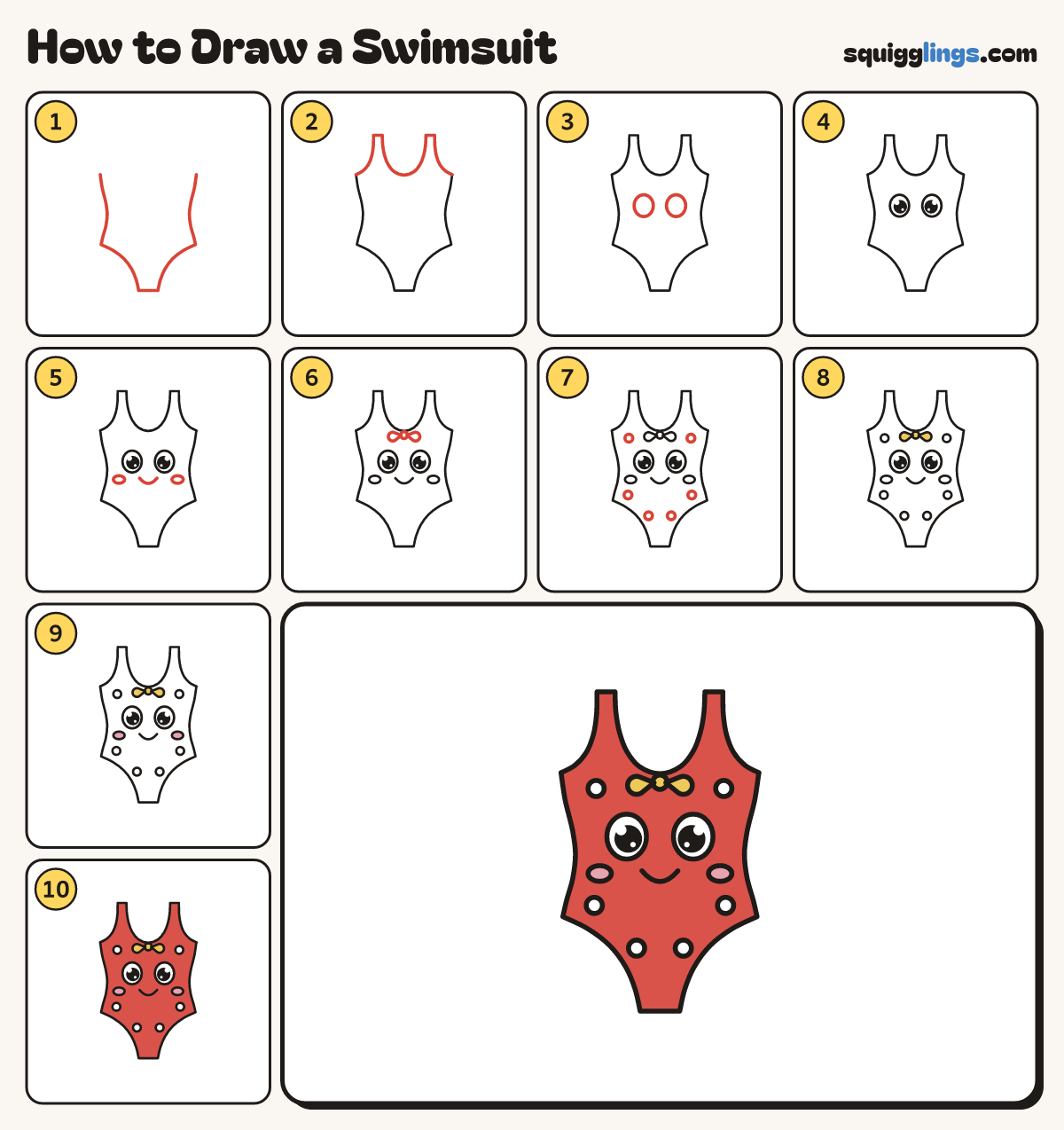 How to Draw a Swimsuit step by step: all 10 steps in one picture
