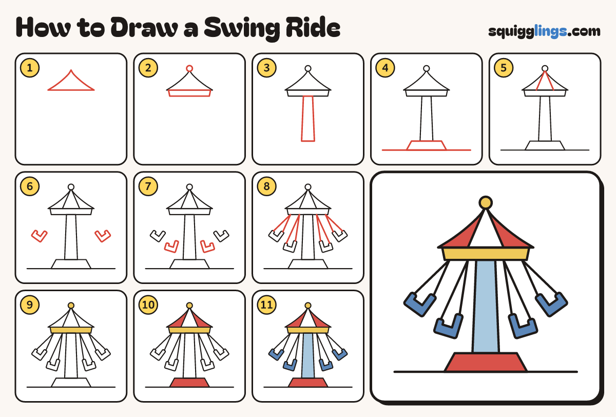 How to Draw a Swing Ride step by step: all 11 steps in one picture
