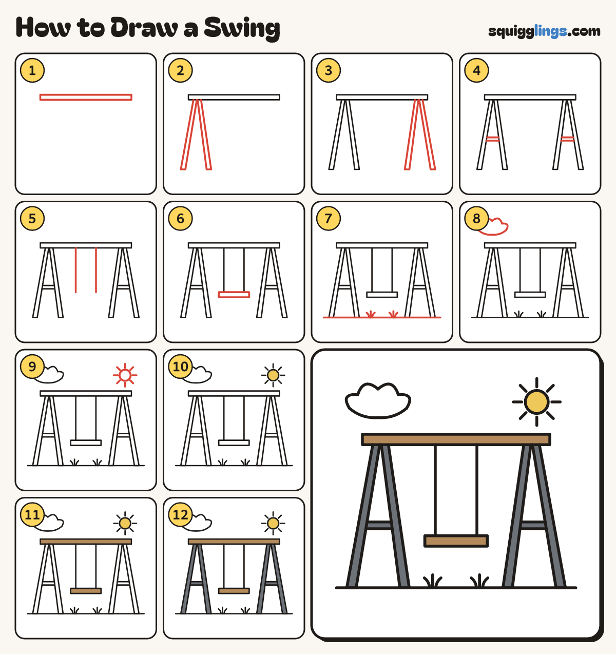 How to Draw a Swing step by step: all 12 steps in one picture