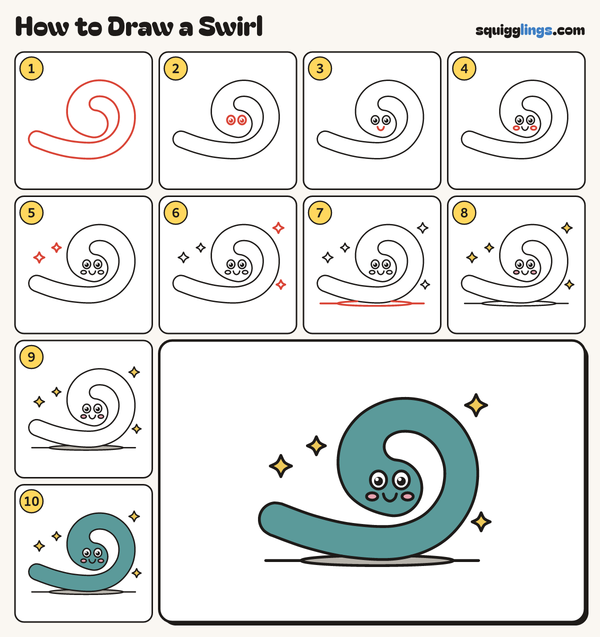 How to Draw a Swirl step by step: all 10 steps in one picture