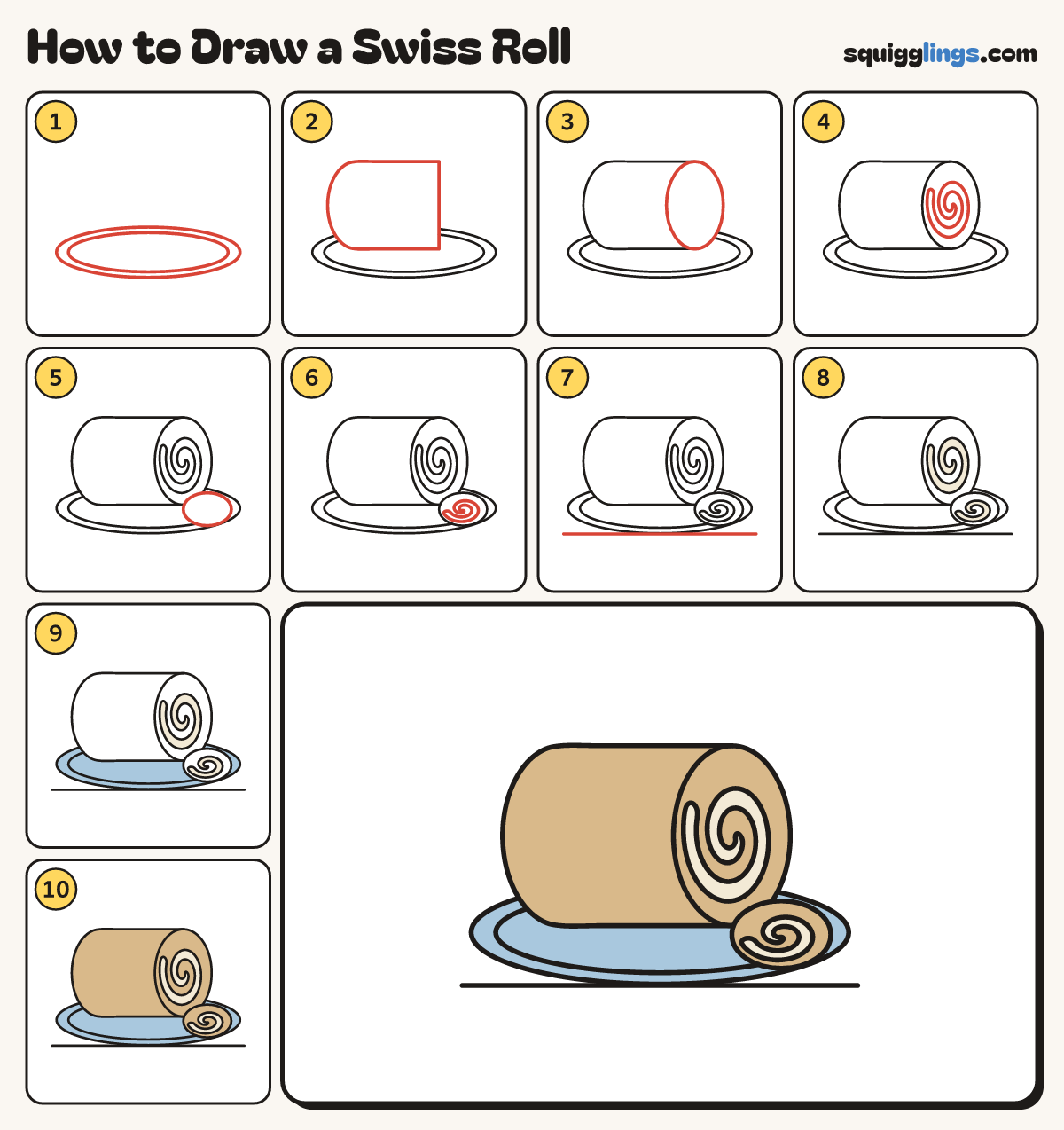 How to Draw a Swiss Roll step by step: all 10 steps in one picture