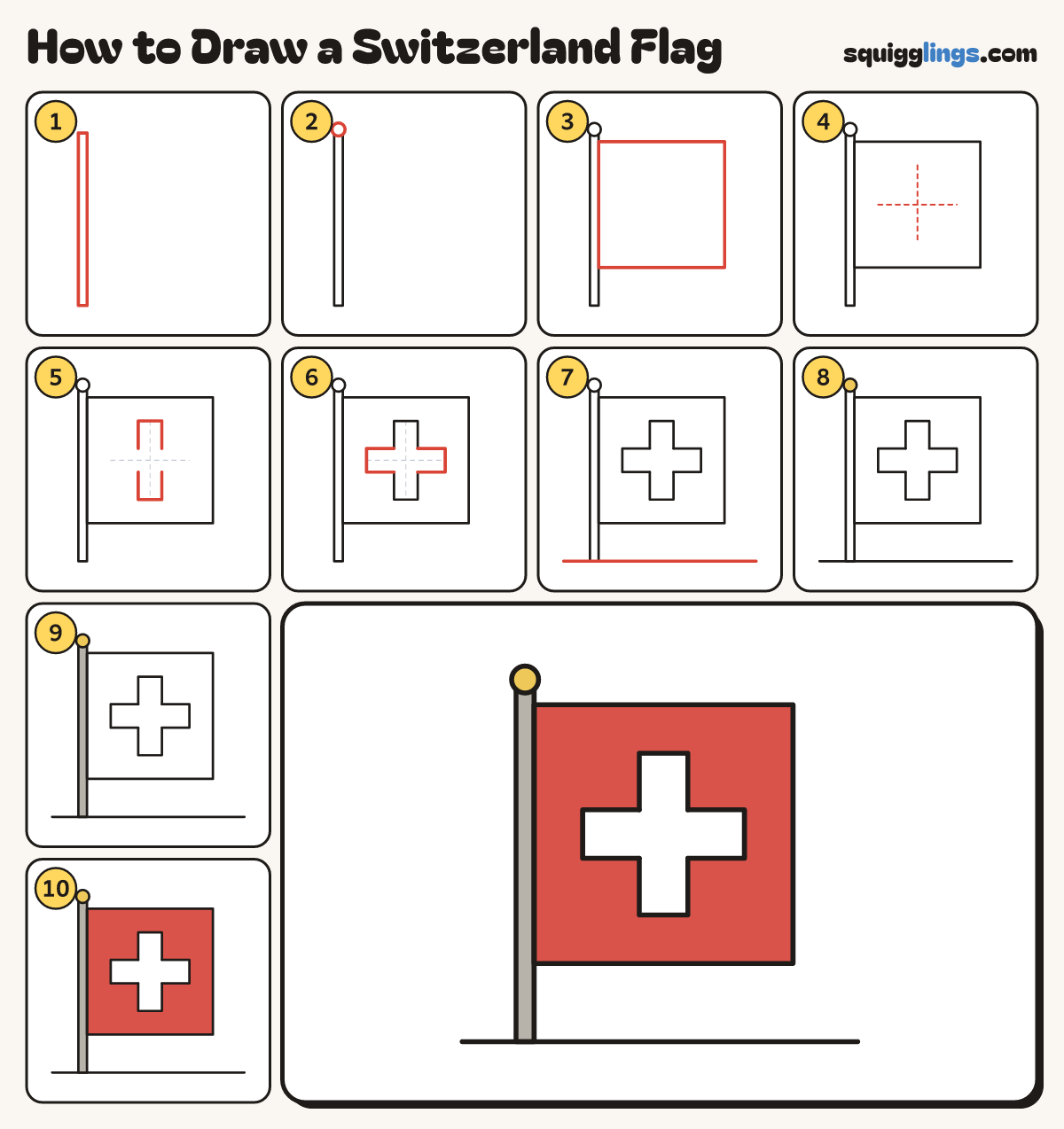 How to Draw a Switzerland Flag step by step: all 10 steps in one picture