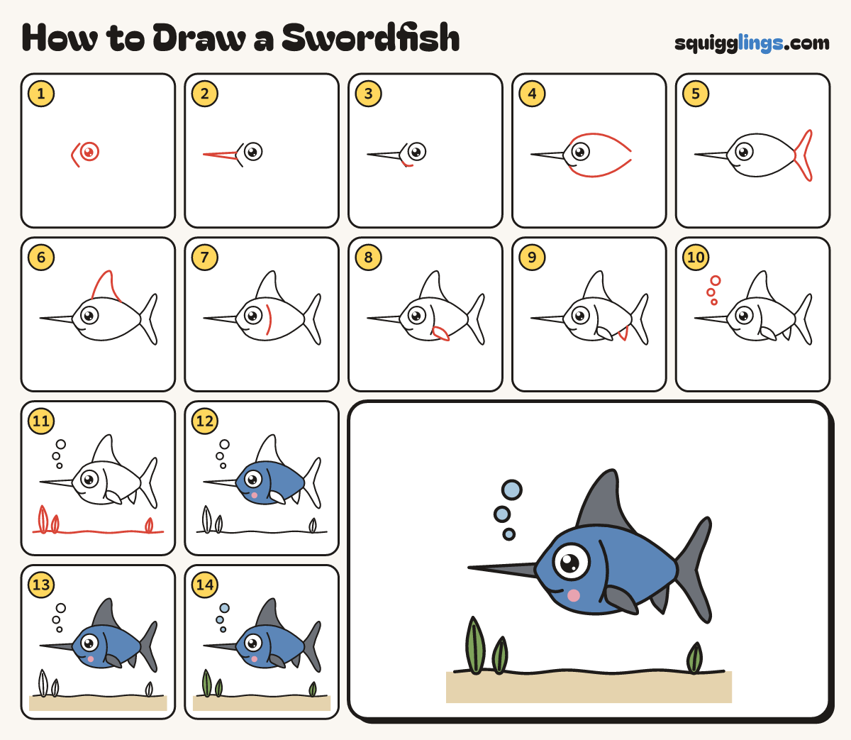 How to Draw a Swordfish step by step: all 14 steps in one picture