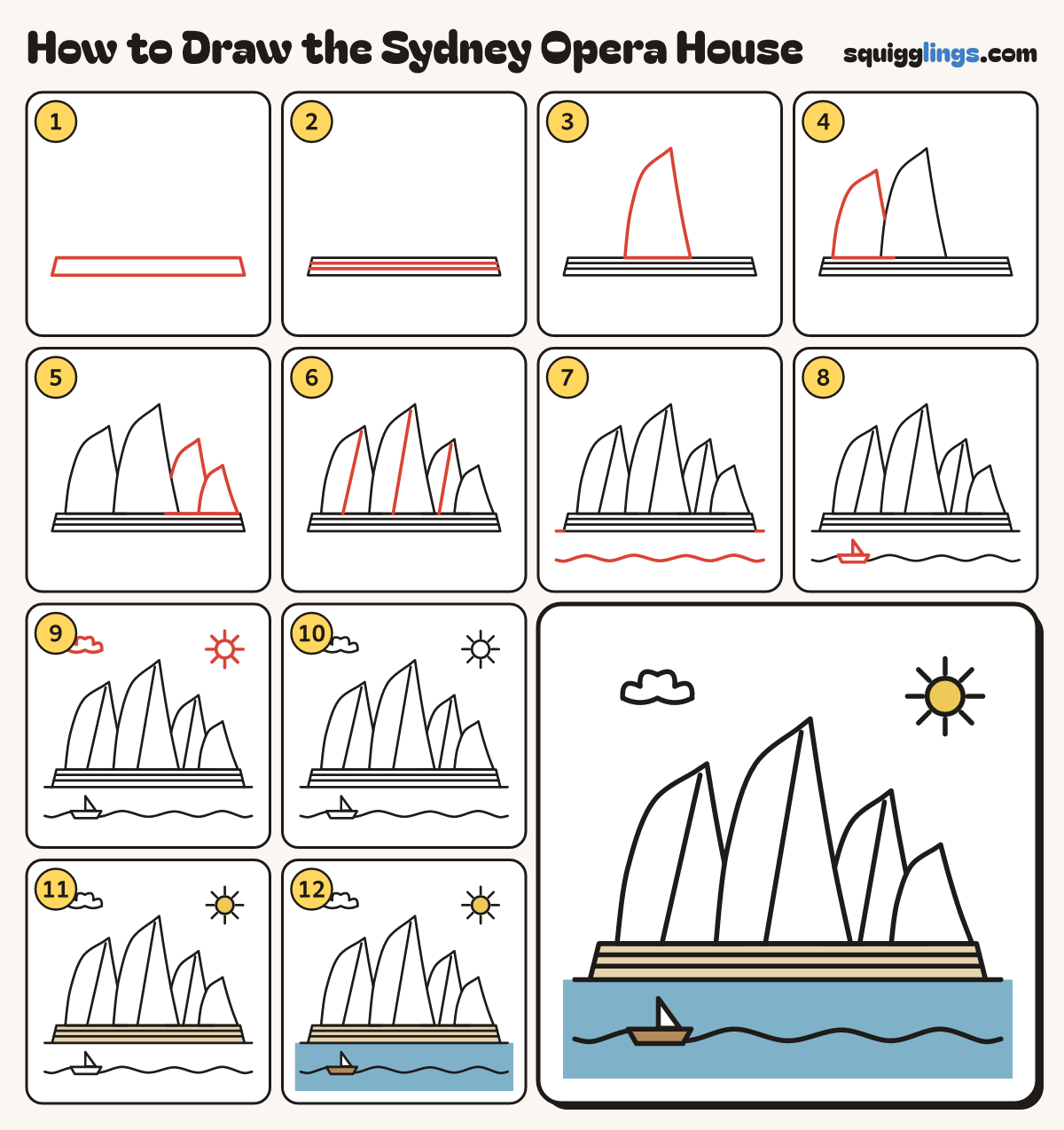How to Draw the Sydney Opera House step by step: all 12 steps in one picture