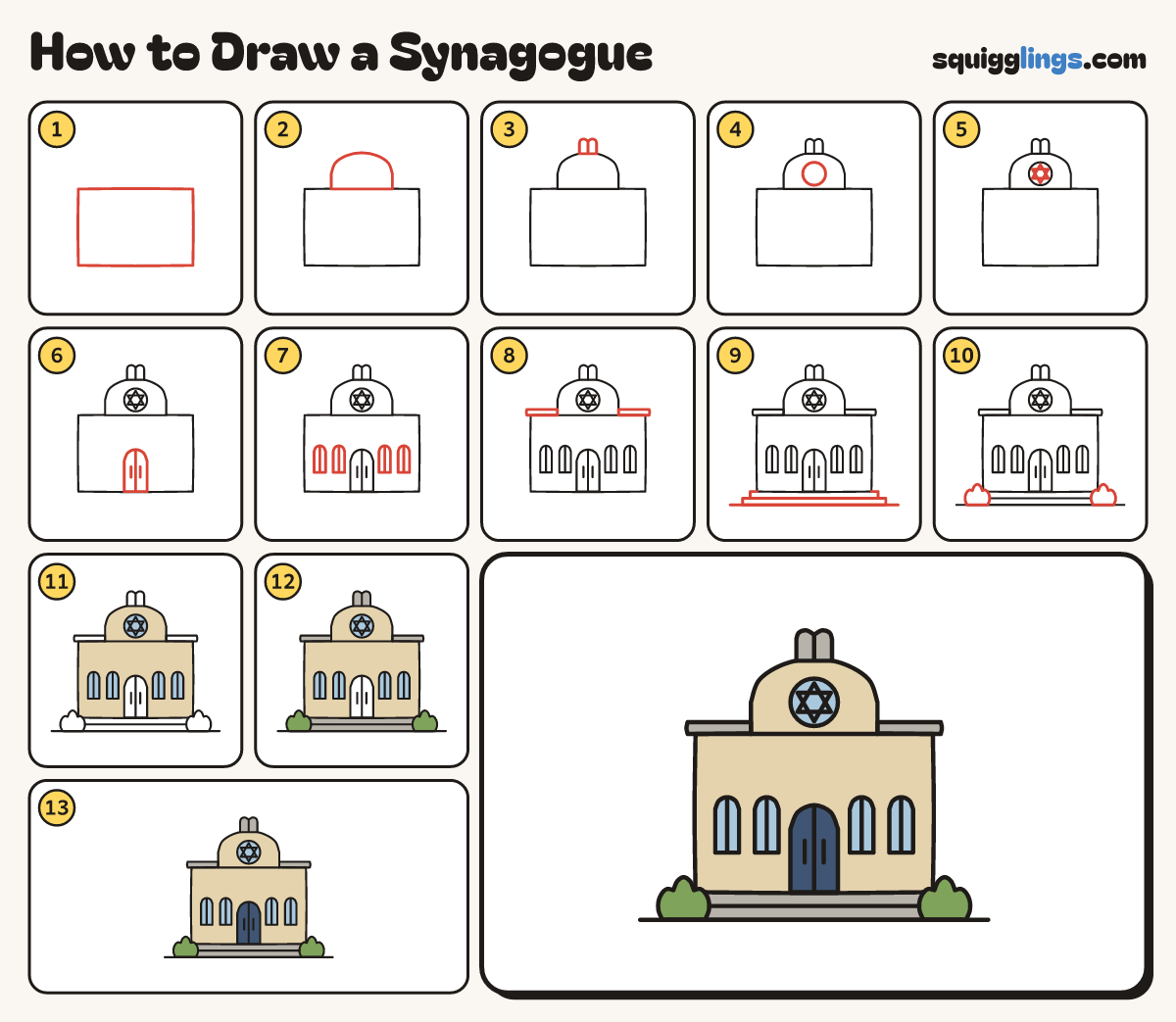 How to Draw a Synagogue step by step: all 13 steps in one picture