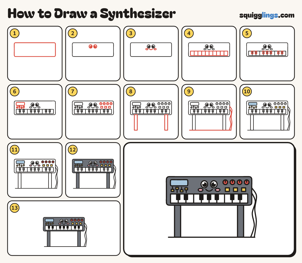 How to Draw a Synthesizer step by step: all 13 steps in one picture