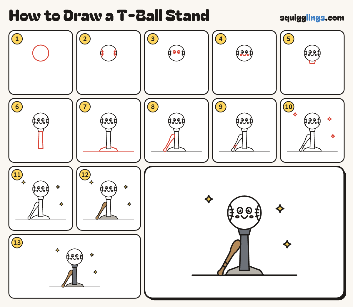 How to Draw a T-Ball Stand step by step: all 13 steps in one picture