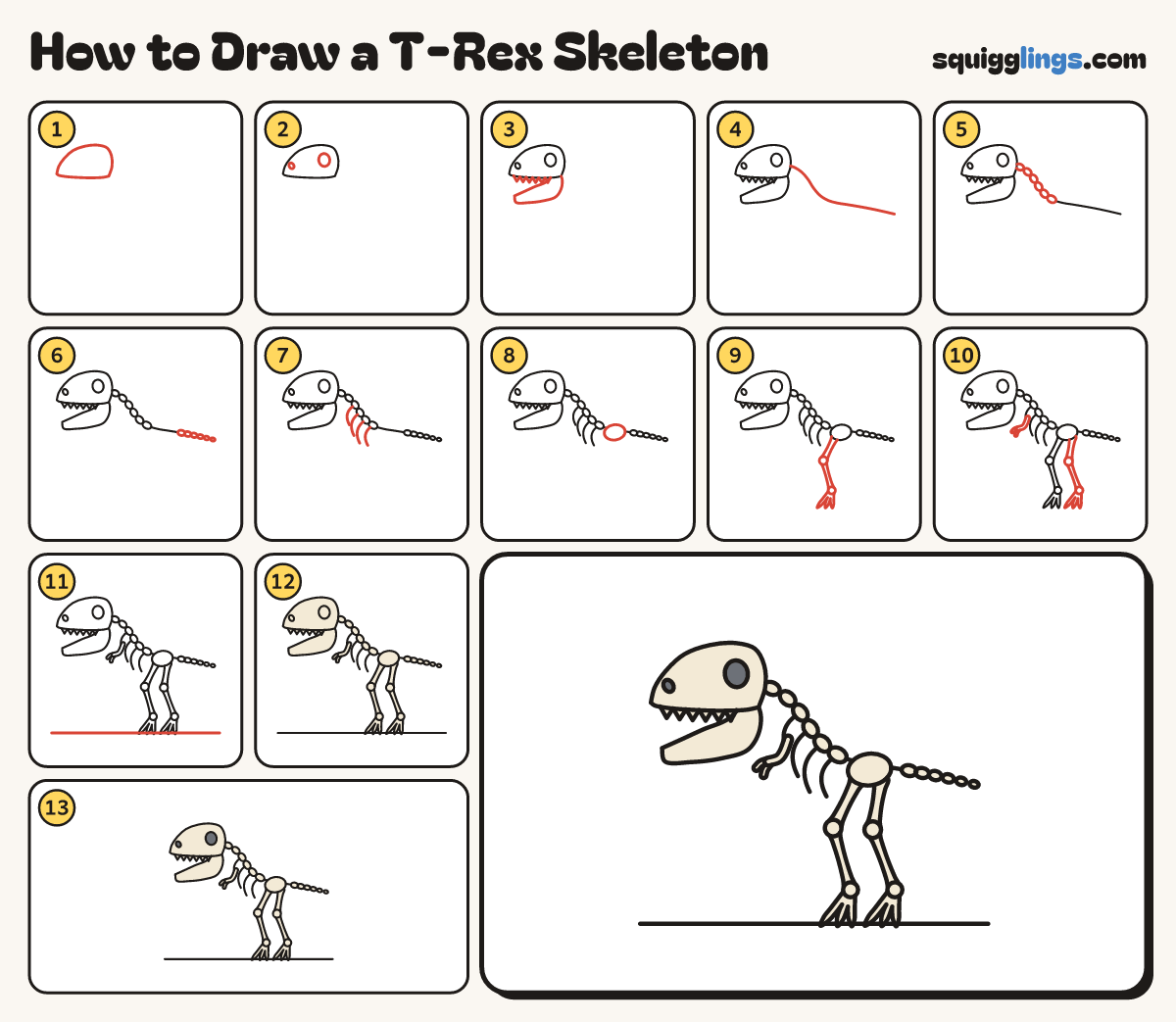 How to Draw a T-Rex Skeleton step by step: all 13 steps in one picture