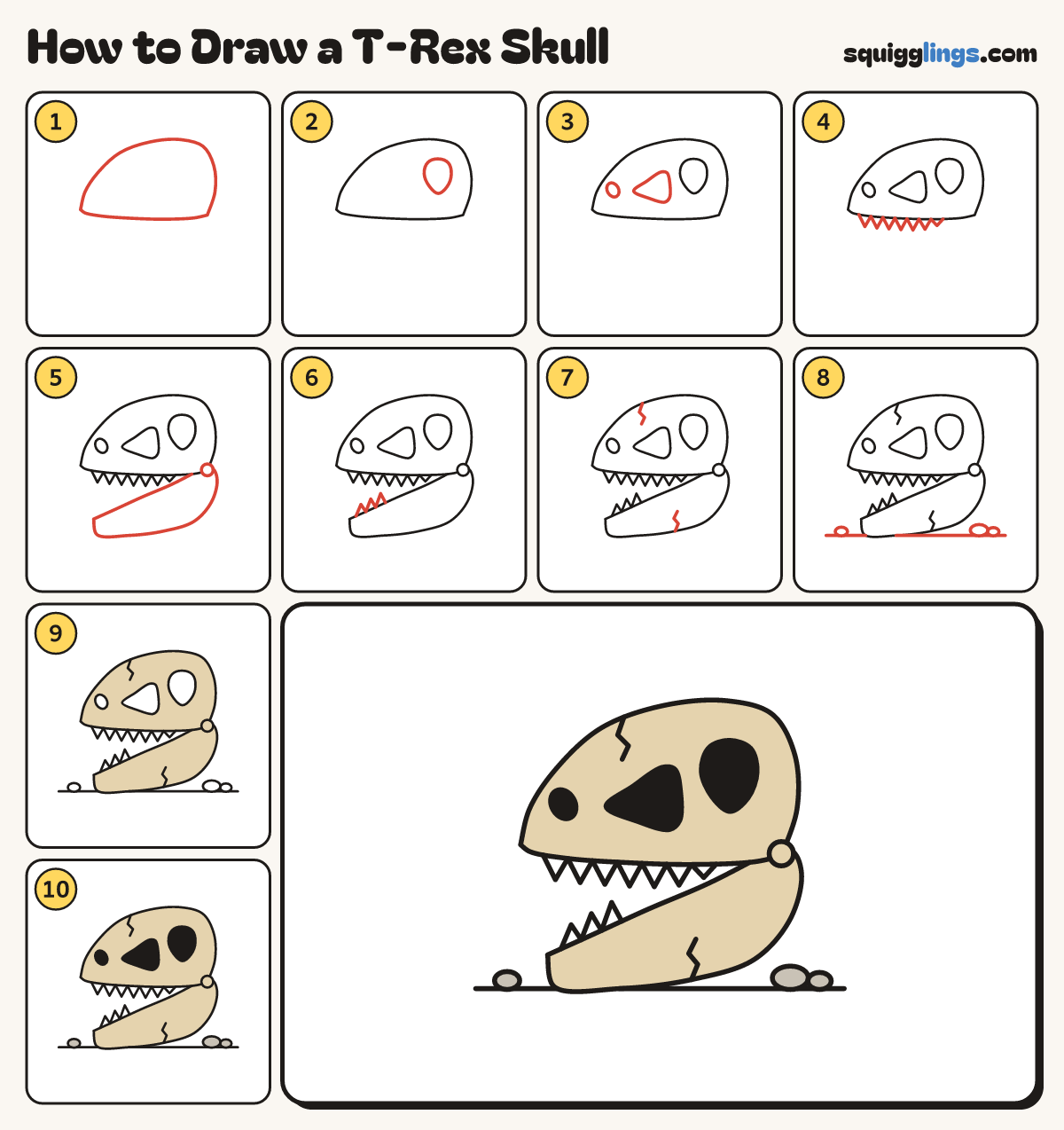 How to Draw a T-Rex Skull step by step: all 10 steps in one picture