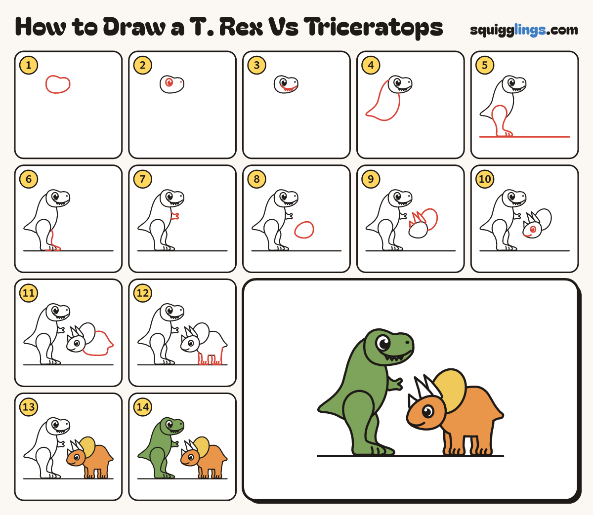 How to Draw a T. Rex Vs Triceratops step by step: all 14 steps in one picture