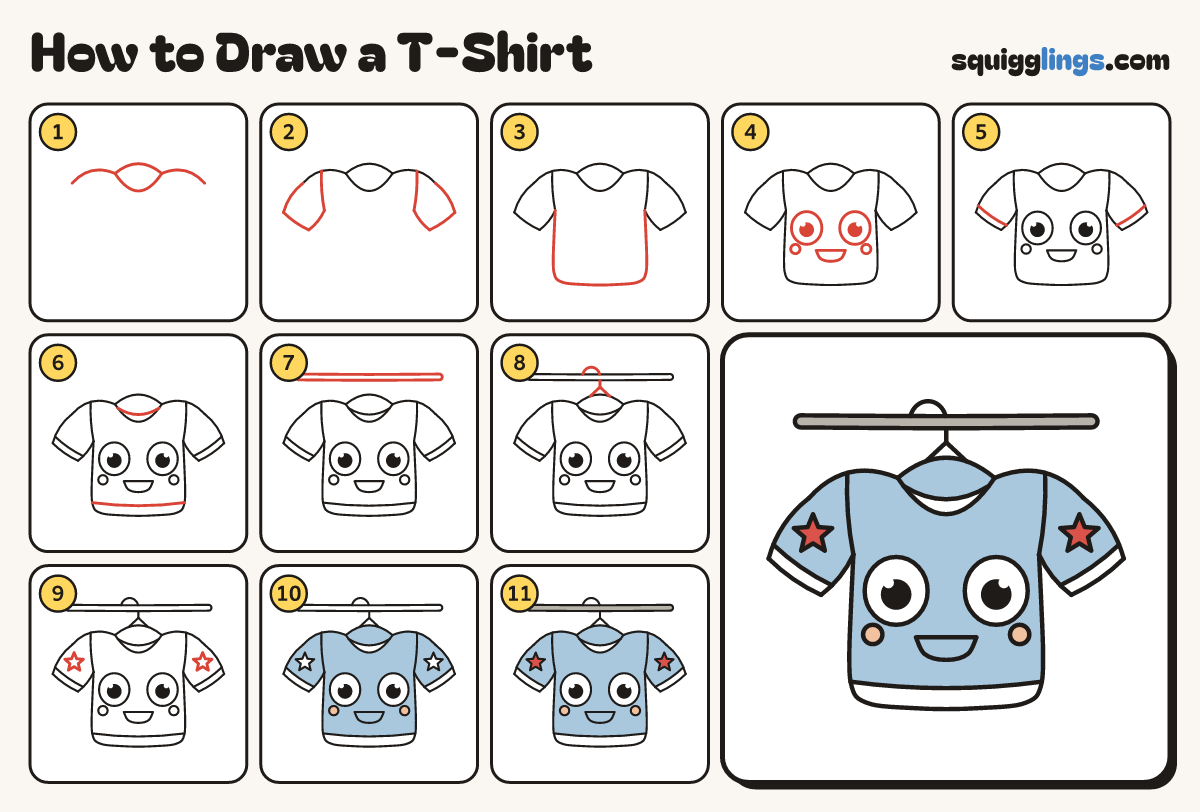 How to Draw a T-Shirt step by step: all 11 steps in one picture