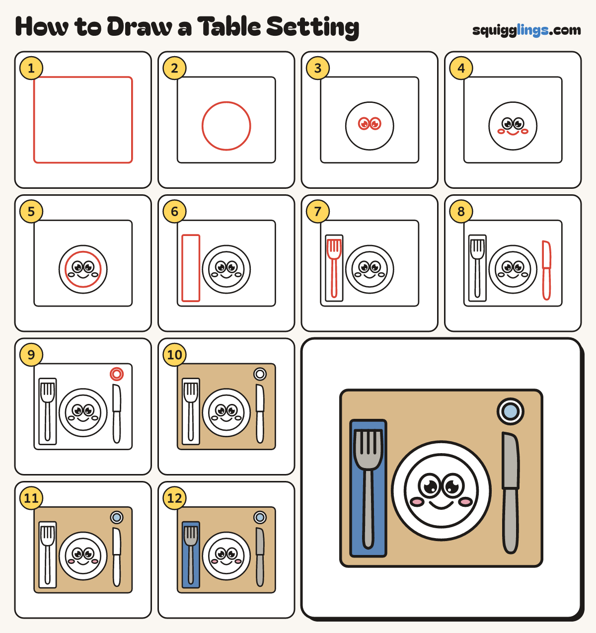 How to Draw a Table Setting step by step: all 12 steps in one picture