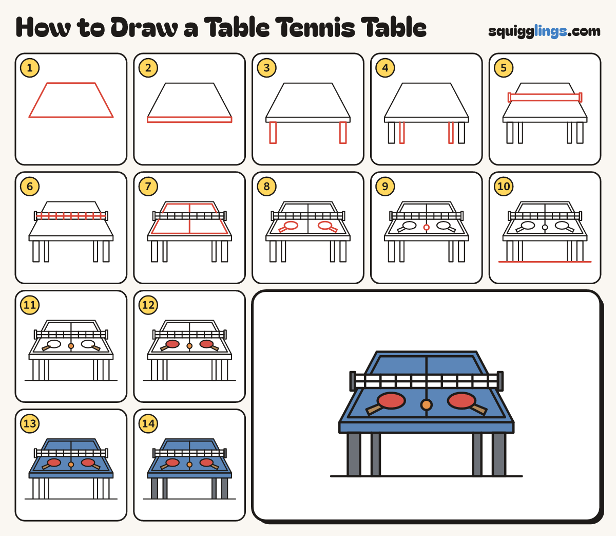 How to Draw a Table Tennis Table step by step: all 14 steps in one picture