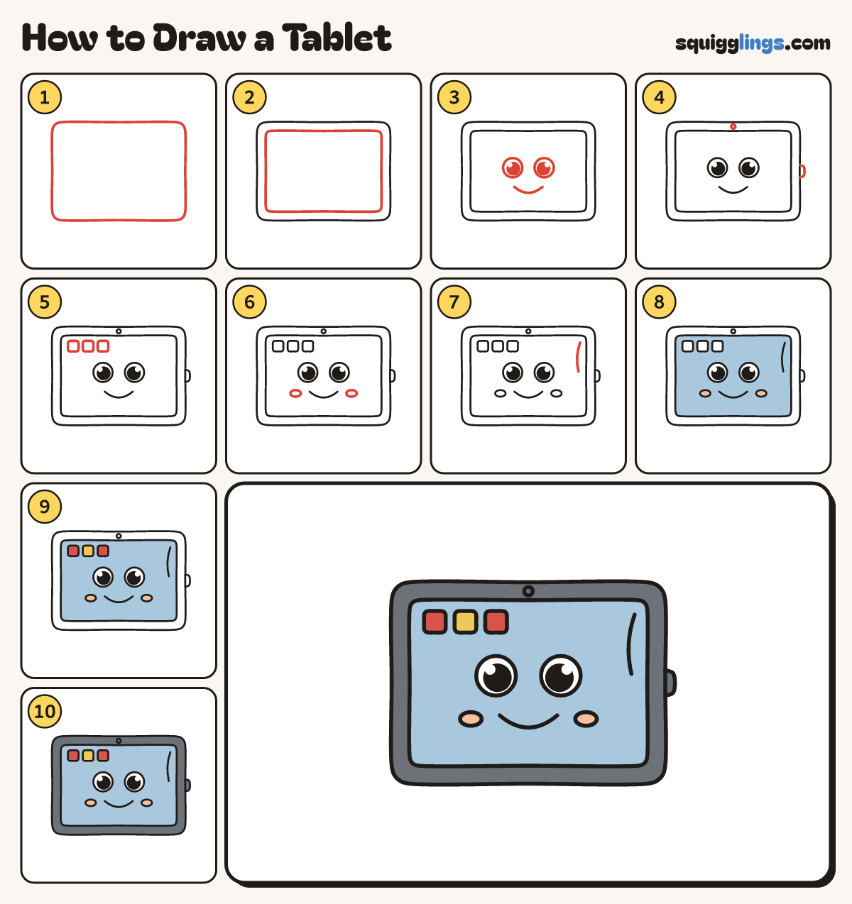 How to Draw a Tablet step by step: all 10 steps in one picture