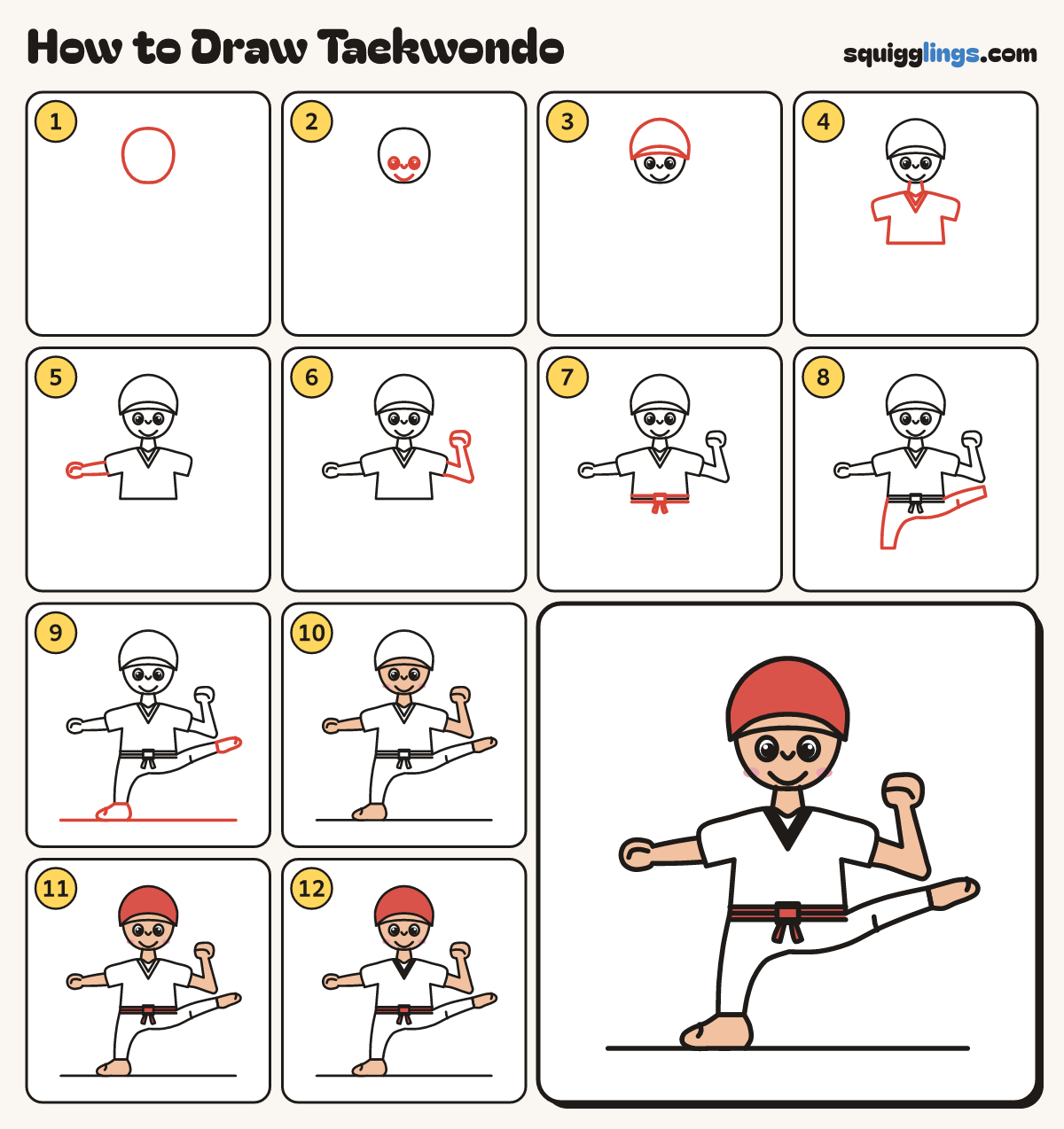 How to Draw Taekwondo step by step: all 12 steps in one picture