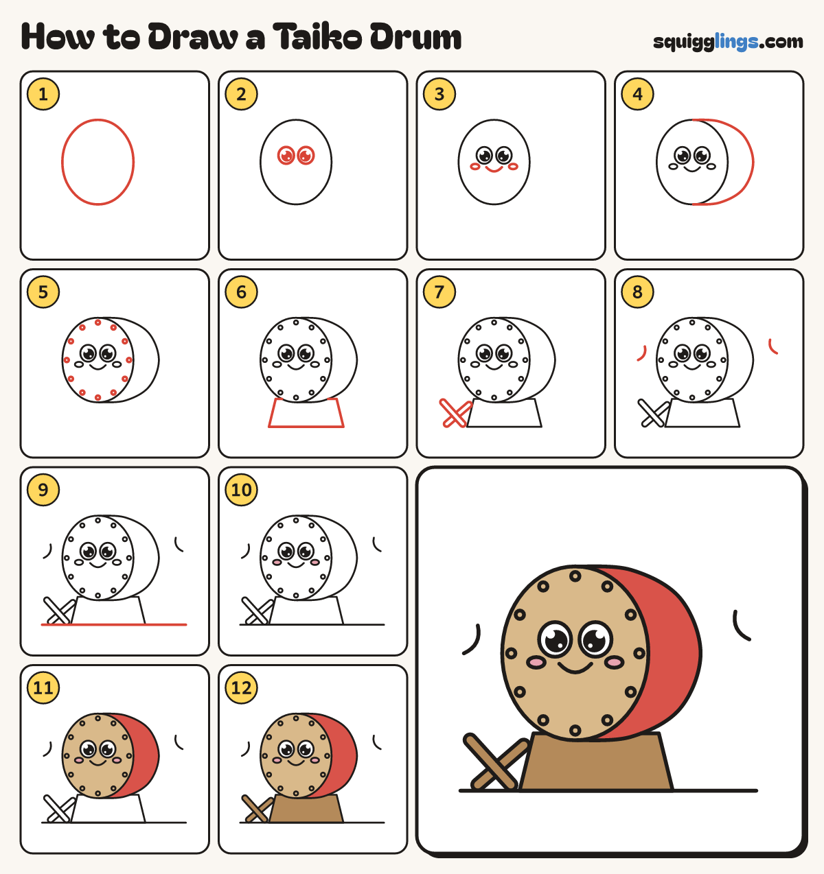 How to Draw a Taiko Drum step by step: all 12 steps in one picture