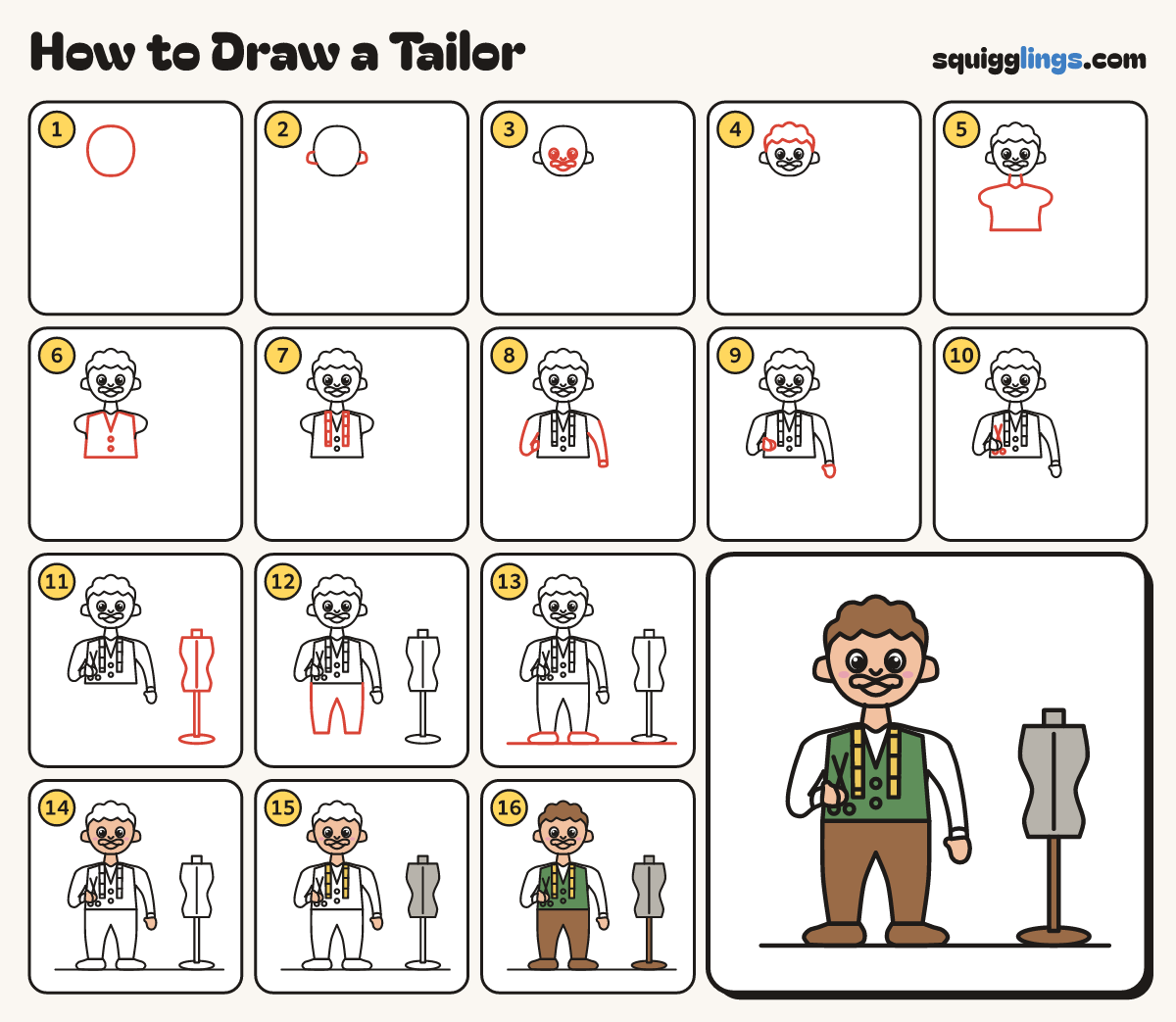 How to Draw a Tailor step by step: all 16 steps in one picture